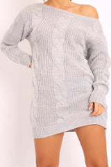 Grey Cable Knit Off Shoulder Jumper Dress - Berry-Dresses