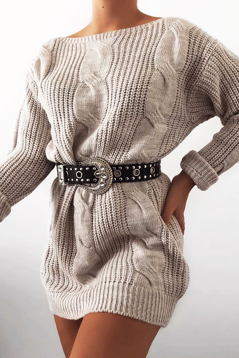 Grey Cable Knit Off Shoulder Jumper Dress - Berry Rebellious Fashion Grey Cable Knit Off Shoulder Jumper Dress - Berry Rebellious Fashion