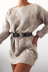 Grey Cable Knit Off Shoulder Jumper Dress - Berry-Dresses