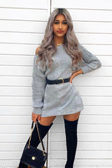 Grey Cable Knit Off Shoulder Jumper Dress - Berry-Dresses