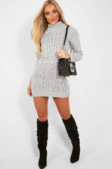Grey Cable Knit Roll Neck Jumper Dress - Matilda-Dresses