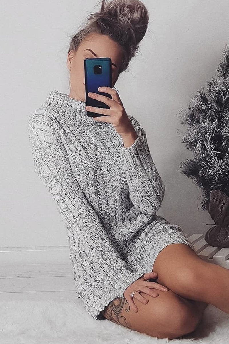 Grey Cable Knit Roll Neck Jumper Dress - Matilda Rebellious Fashion Grey Cable Knit Roll Neck Jumper Dress - Matilda Rebellious Fashion