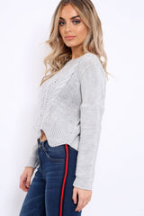 Grey Cable Knit Scalloped Hem Jumper - Lilliana-Jumper
