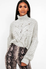 Grey Cable Knit Sleeve Detail Jumper - Miyonna-Jumper