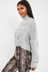 Grey Cable Knit Sleeve Detail Jumper - Miyonna-Jumper