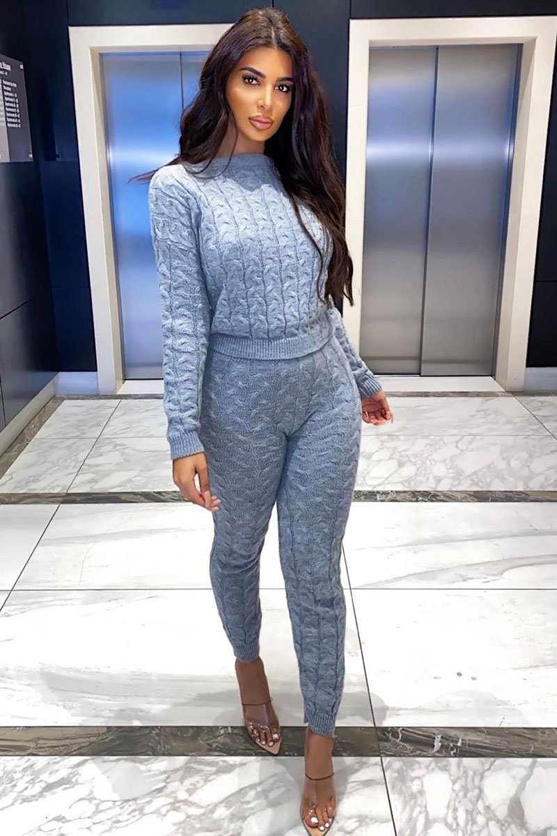 Grey Cable Knit Sweater and Leggings Loungewear Co-ord - Ionia-Co-ords
