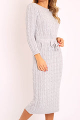 Grey Cable knit Drawstring Waist Maxi Jumper Dress - Julee-Dresses