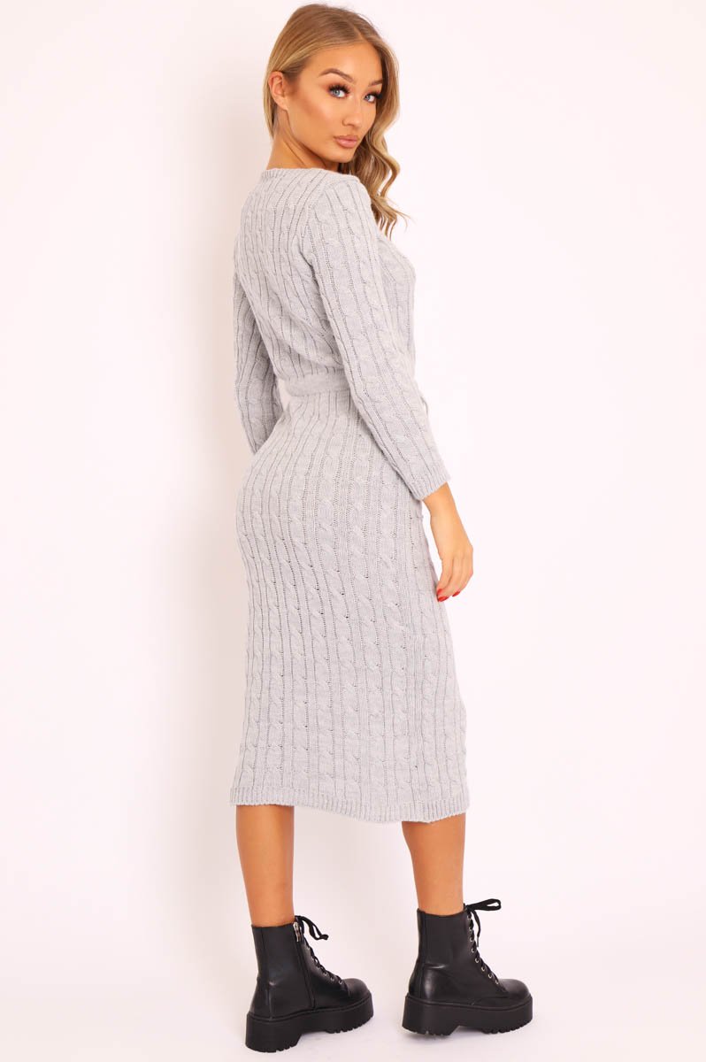 Grey Cable knit Drawstring Waist Maxi Jumper Dress - Julee Rebellious Fashion Grey Cable knit Drawstring Waist Maxi Jumper Dress - Julee Rebellious Fashion