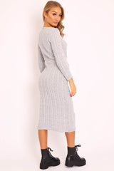 Grey Cable knit Drawstring Waist Maxi Jumper Dress - Julee-Dresses