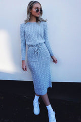 Grey Cable knit Drawstring Waist Maxi Jumper Dress - Julee-Dresses