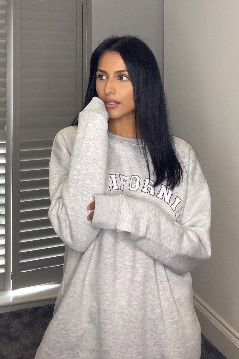 Grey California Slogan Sweater Mini Dress - Immi-Dresses