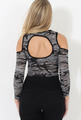 Grey Camo Cold Shoulder Bodysuit - Emy-Bodysuits