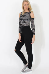 Grey Camo Cold Shoulder Bodysuit - Emy-Bodysuits