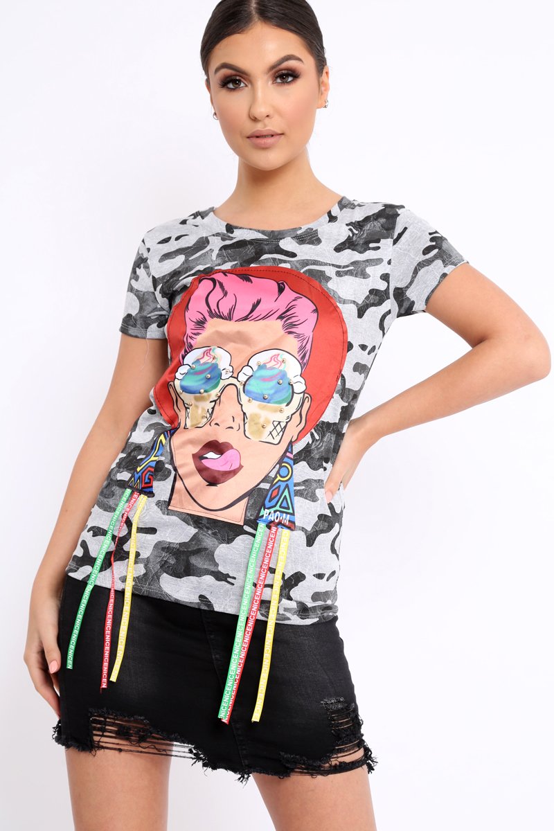 Grey Camo Crew Neck Girls Face T shirt with Tassels - Lenna-Tops