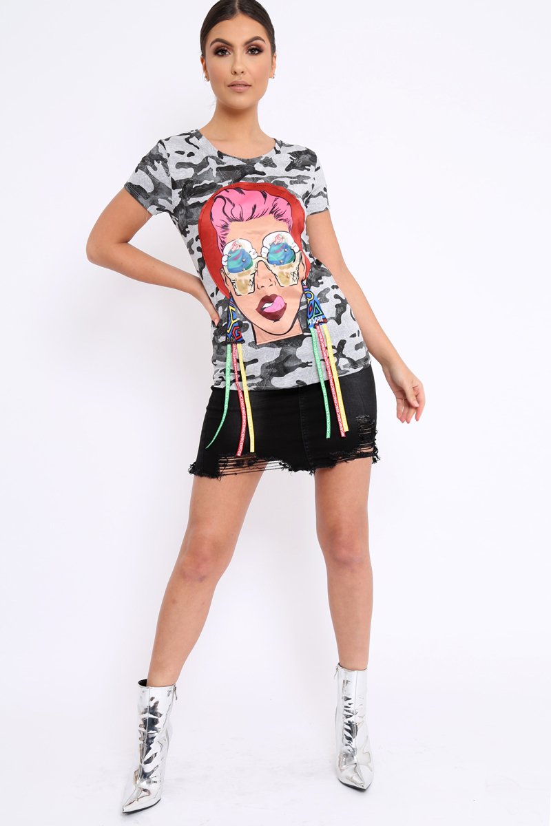 Grey Camo Crew Neck Girls Face T shirt with Tassels - Lenna-Tops