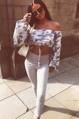 Grey Camo Extreme Flared Sleeved Crop Top - Dalis-Crop Tops