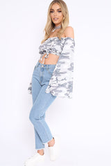 Grey Camo Extreme Flared Sleeved Crop Top - Dalis-Crop Tops