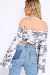 Grey Camo Extreme Flared Sleeved Crop Top - Dalis-Crop Tops