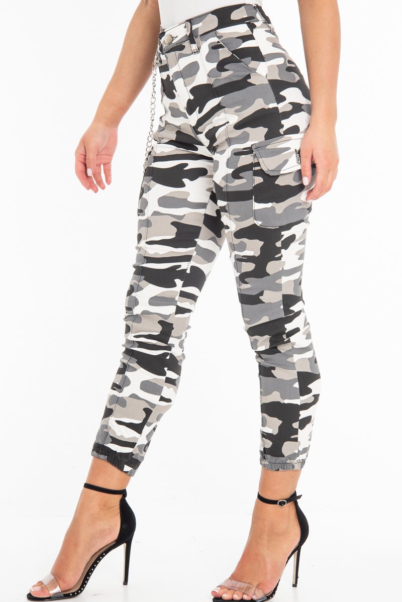 Grey Camo Utility Pocket Chain Detail Cargo Trousers - Milly-Trousers