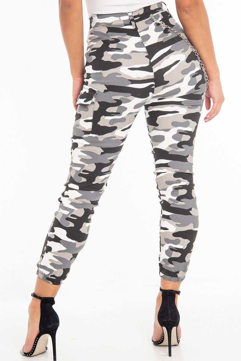 Grey Camo Utility Pocket Chain Detail Cargo Trousers - Milly-Trousers