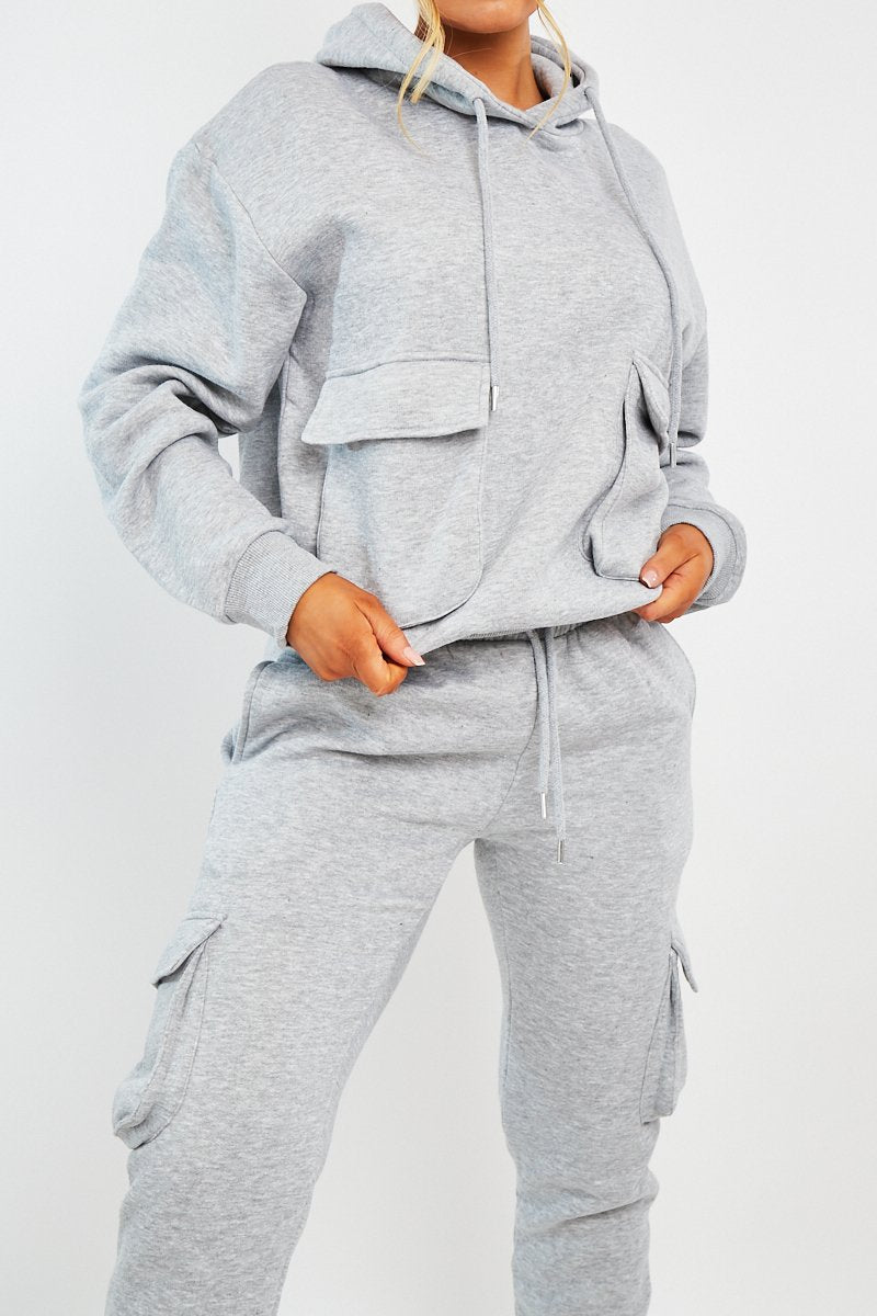 Grey Cargo Pocket Hoodie and Joggers Tracksuit - Aafiya-Tracksuits