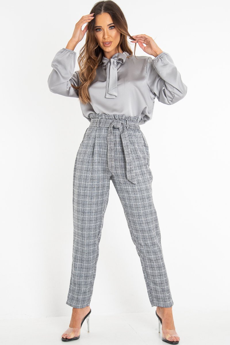 Grey Check Paper Bag Trousers - Irma-Trousers
