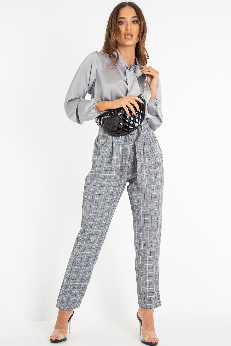 Grey Check Paper Bag Trousers - Irma-Trousers