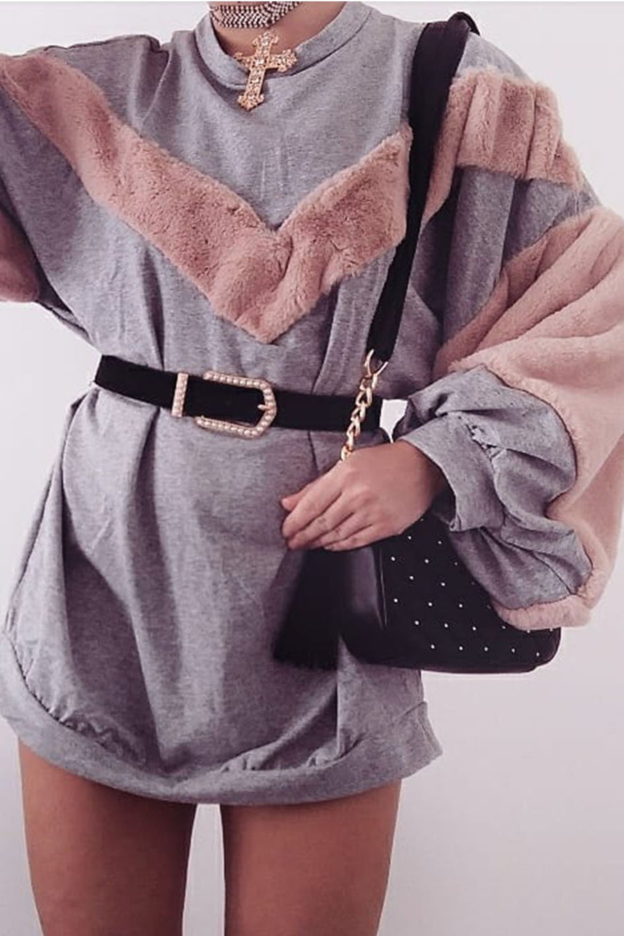 Grey Chevron Fur Jumper Dress - Esme-Tops