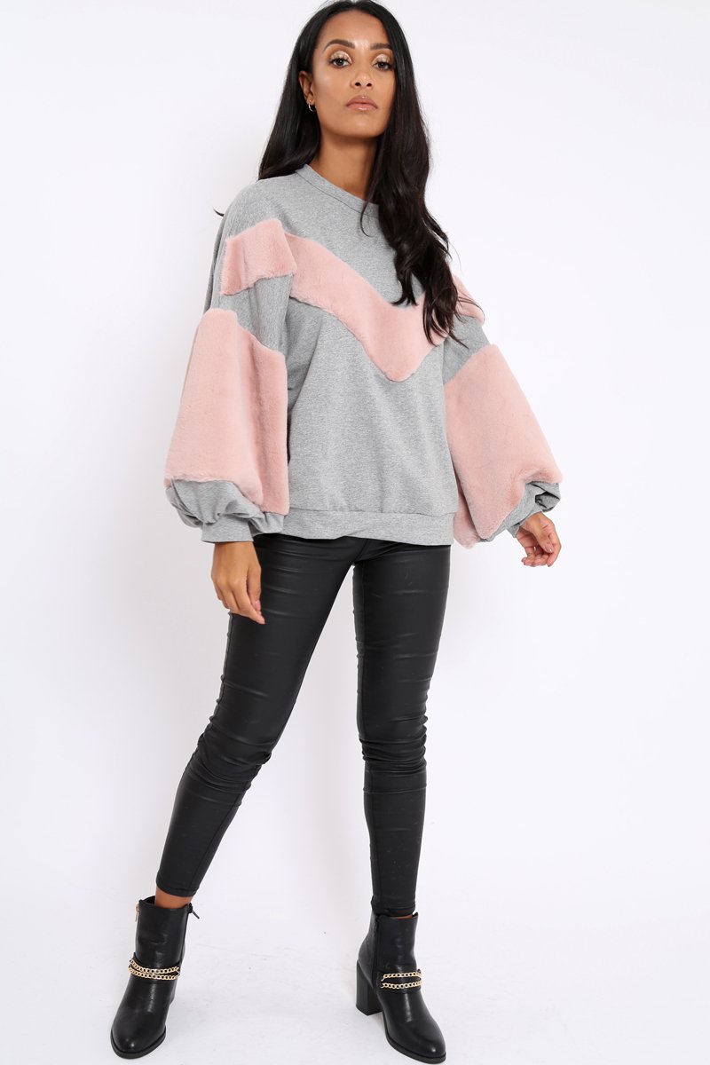 Grey Chevron Fur Jumper - Lara-Tops