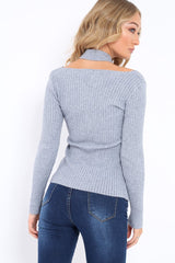Grey Choker Twist Knit Jumper - Maya-Jumper