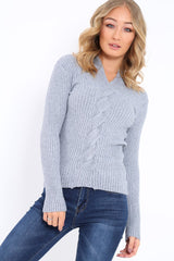 Grey Choker Twist Knit Jumper - Maya-Jumper