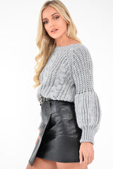 Grey Chunky Knit Balloon Sleeve Jumper - Rielynn-Jumper