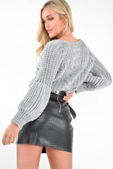 Grey Chunky Knit Balloon Sleeve Jumper - Rielynn-Jumper