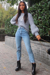 Grey Chunky Knit Balloon Sleeve Jumper - Rielynn-Jumper