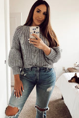 Grey Chunky Knit Balloon Sleeve Jumper - Rielynn-Jumper