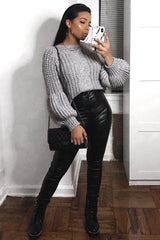 Grey Chunky Knit Balloon Sleeve Jumper - Rielynn-Jumper