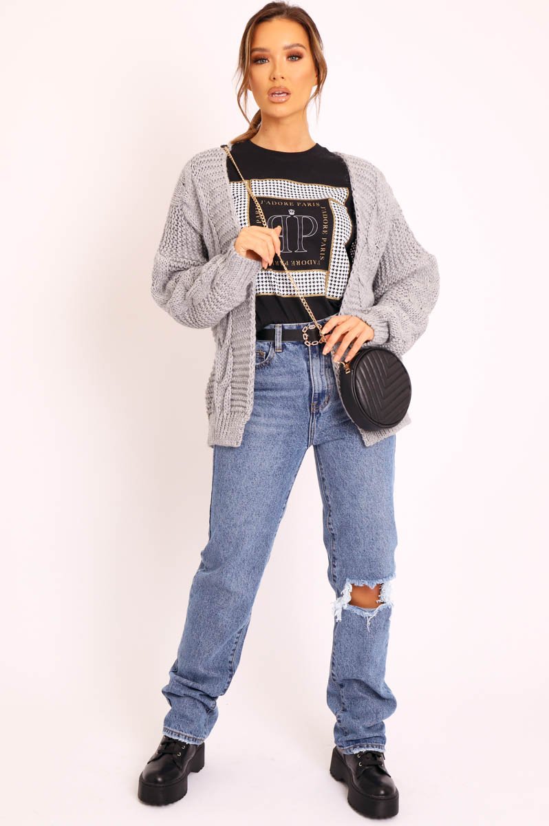 Grey Chunky Knit Cable Pattern Cardigan - Luna-Cardigans
