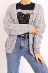 Grey Chunky Knit Cable Pattern Cardigan - Luna-Cardigans
