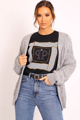 Grey Chunky Knit Cable Pattern Cardigan - Luna-Cardigans