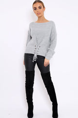 Grey Chunky Knit Corset Waist Knitted Jumper - Mikayla-Jumper