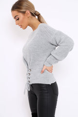 Grey Chunky Knit Corset Waist Knitted Jumper - Mikayla-Jumper