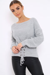 Grey Chunky Knit Corset Waist Knitted Jumper - Mikayla-Jumper