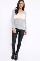 Grey Chunky Knit Faux Fur Front Panel Jumper - Ophelia-Knitwear