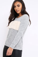 Grey Chunky Knit Faux Fur Front Panel Jumper - Ophelia-Knitwear