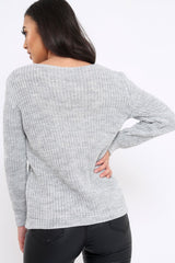 Grey Chunky Knit Faux Fur Front Panel Jumper - Ophelia-Knitwear