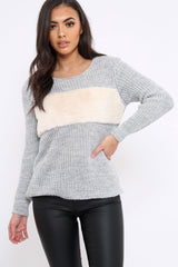 Grey Chunky Knit Faux Fur Front Panel Jumper - Ophelia-Knitwear