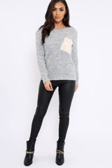 Grey Chunky Knit Fur Pocket Jumper - Alois-Knitwear