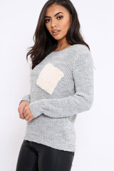 Grey Chunky Knit Fur Pocket Jumper - Alois-Knitwear