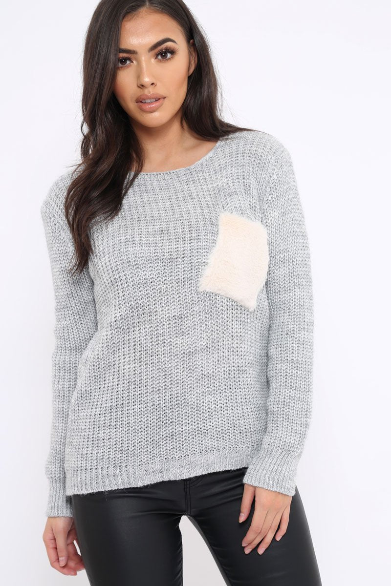 Grey Chunky Knit Fur Pocket Jumper - Alois-Knitwear