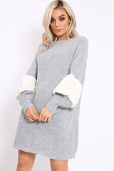 Grey Chunky Knit Fur Sleeve Jumper Dress - Jaycee-Knitwear